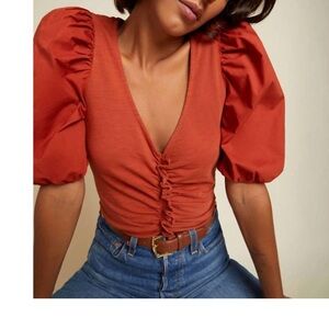 Nation Ltd Giada Rust Orange / Cayenne Ruched Women's V-Neck Top